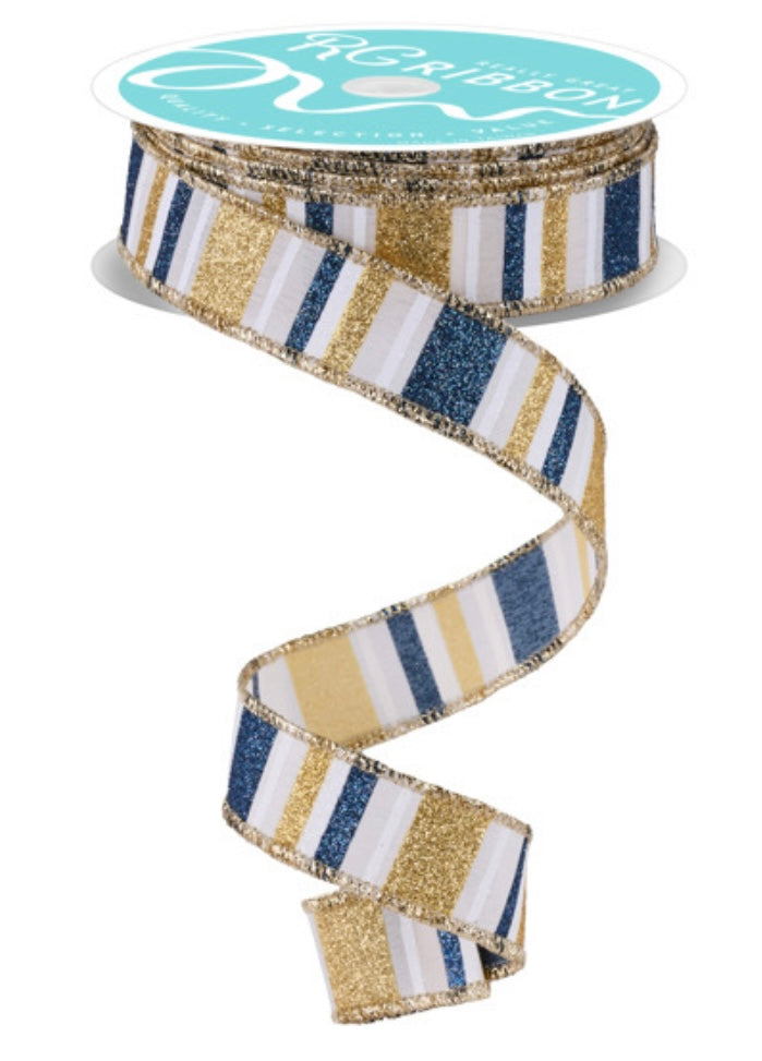 Wired Smoke Blue, Cream, Gold, and White Horizontal Stripe Glitter Accent Ribbon- 1.5”x10 Yards