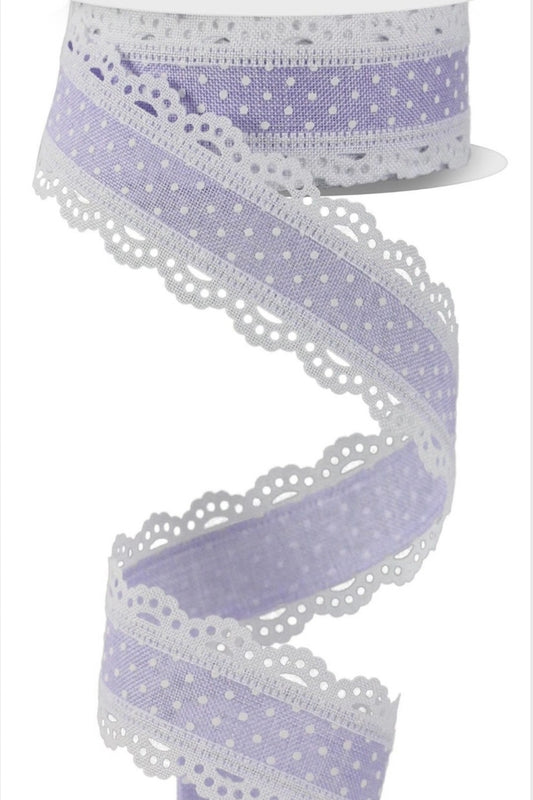 10 Yards - 1.5” Wired Lavender and White Swiss Dot Ribbon with Lace Edge