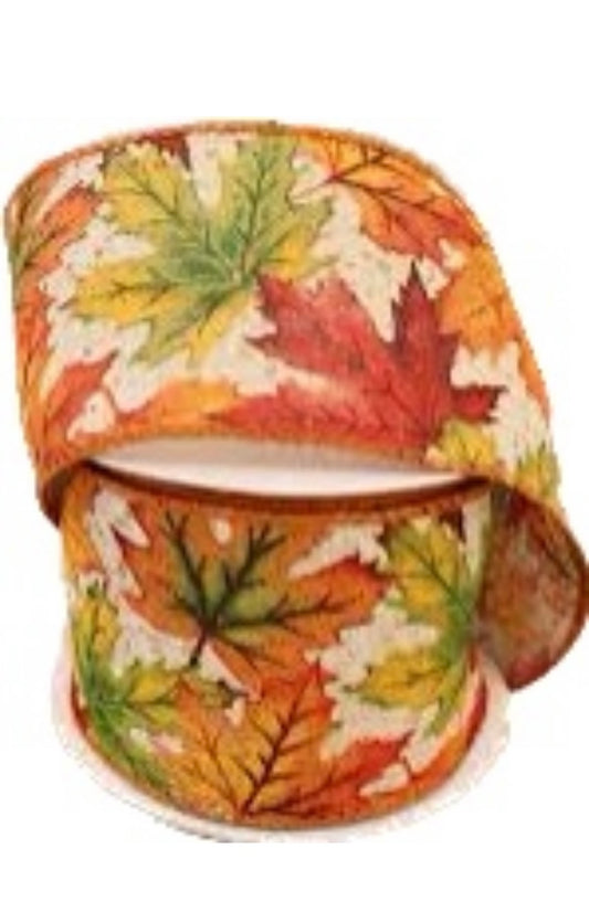 Wired Orange and Green Leaves Fall Ribbon- 2.5”x10 Yards