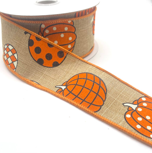 10 Yards - 1.5” Wired Natural Linen Orange Pumpkins Ribbon