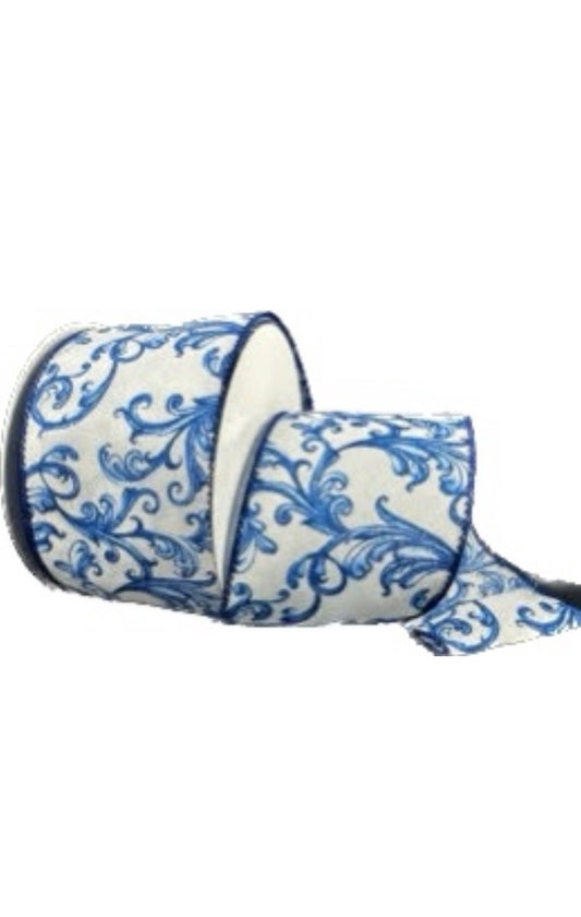 Wired White Satin Blue Chinoiserie Swirls Ribbon- 2.5”x10 Yards
