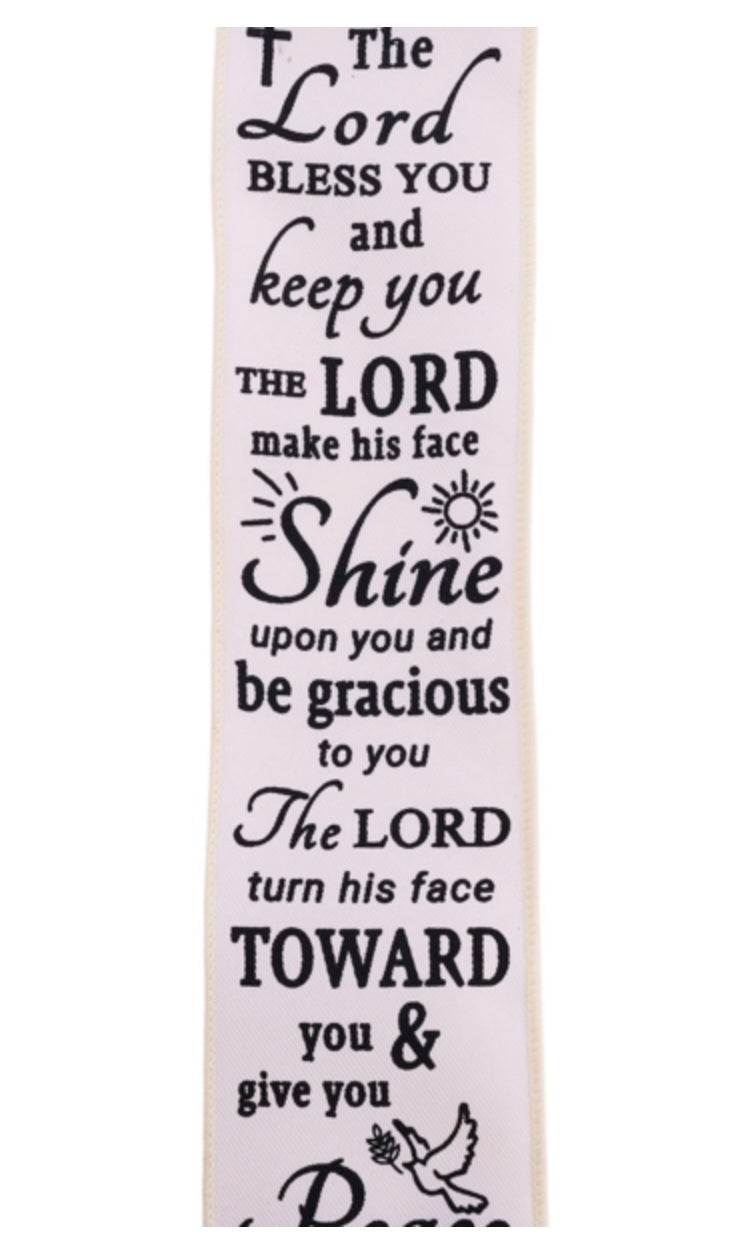 10 Yards - 2.5" Wired Creme and Black The Lord Bless You Religious Ribbon