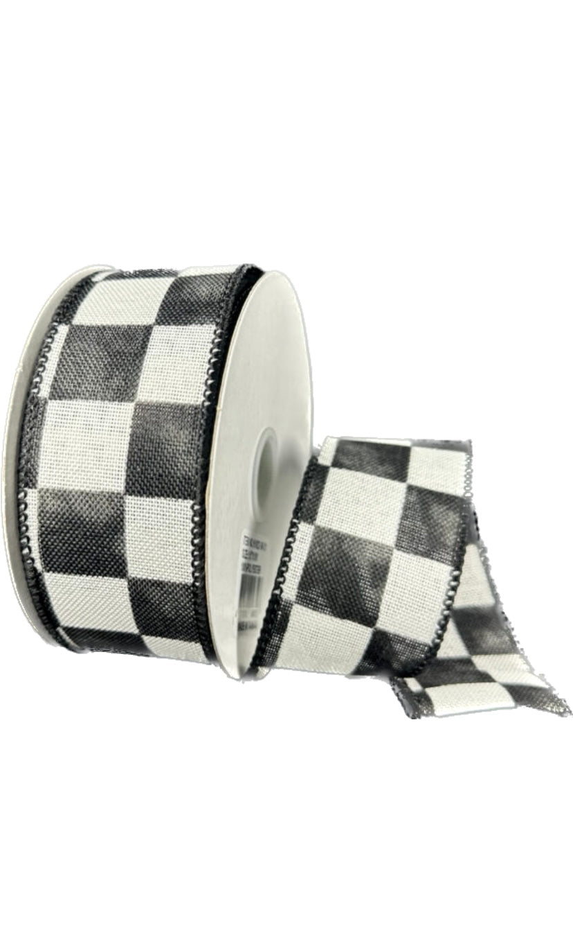 Wired Ivory Linen Black Watercolor Check Ribbon- 1.5”x 10 Yards
