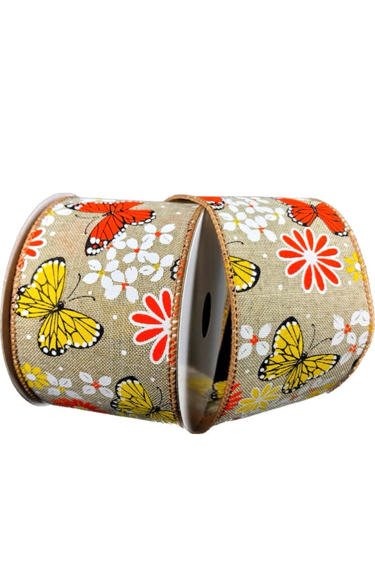 10 Yards - 2.5" Wired Natural Background Butterfly and Flower Ribbon