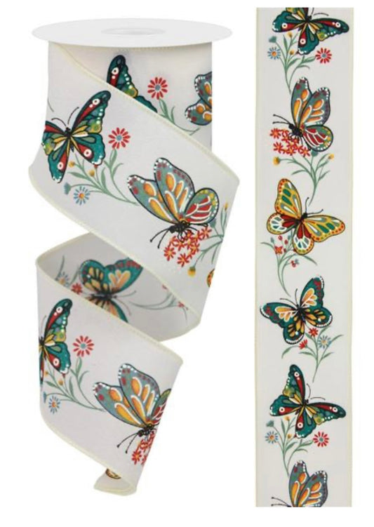 10 Yards - 2.5" Wired Cream Satin Butterfly Ribbon