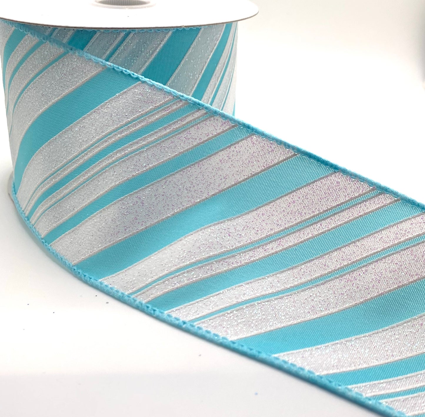 10 Yards - 2.5” Wired Aqua Blue and White Diagonal Stripe Glitter Accent Ribbon