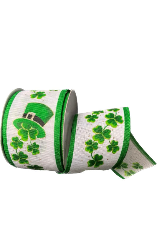 Wired White Linen Hat and Shamrock Gold Glitter St Patrick's Day Ribbon-2.5” x 10 Yards