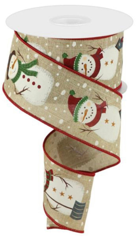 10 Yards - 2.5” Wired Natural Background Snowman  Ribbon