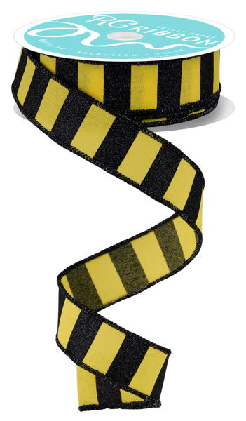 Wired Yellow with Black Horizontal Stripe Glitter Accent Ribbon- 7/8”x10 Yards