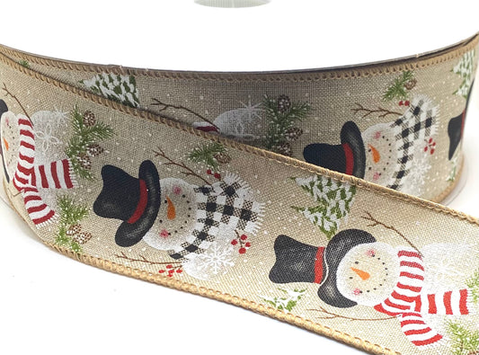 50 Yards - 2.5” Wired Christmas Snowman Ribbon with Glitter Accent