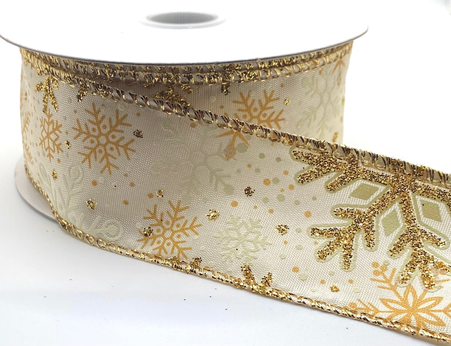 10 Yards - 1.5” Wired Cream Satin Glitter Snowflakes Ribbon