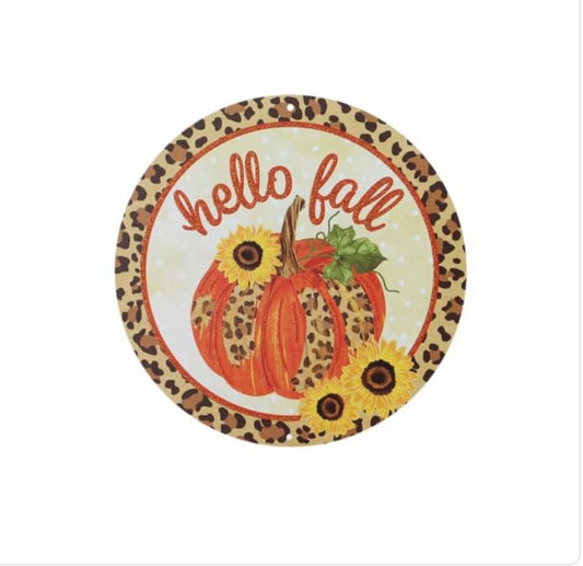 8" Round Metal Hello Fall Pumpkin and Sunflower Wreath Sign