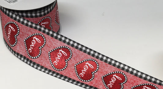 10 Yards - 2.5” Wired Valentine Love Heart Ribbon with Black and White Check Edge