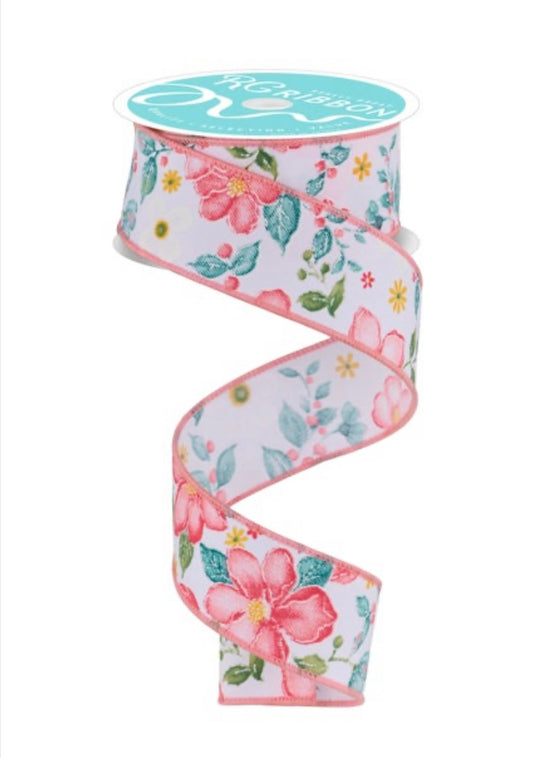 10 Yards - 1.5” Wired Spring Flowers on White Background Ribbon