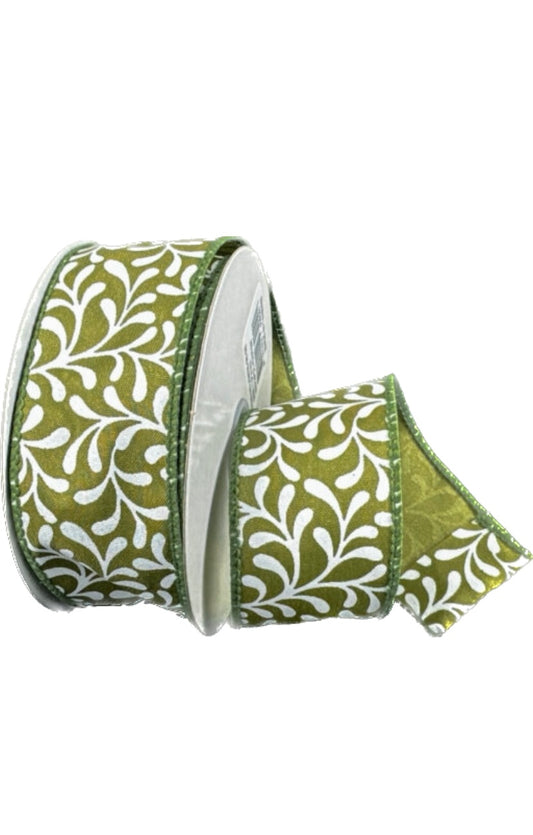 Wired Moss Green Satin White Rounded Vines Ribbon- 1.5” x 10 Yards