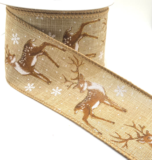 10 Yards - 2.5” Wired Natural Linen Brown Deer in Snow Ribbon