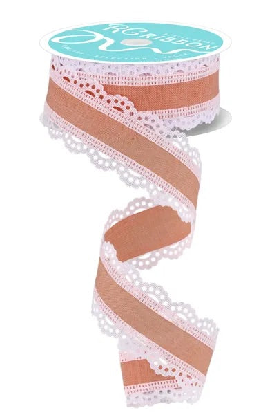 Wired Peach Ribbon with Lace Edge-1.5”x10 Yards