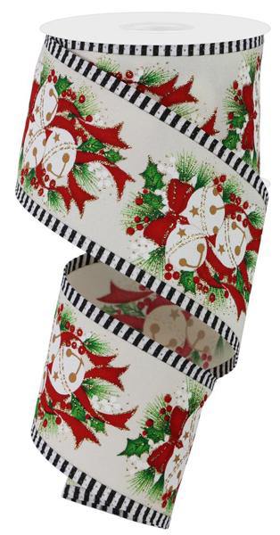 10 Yards - 2.5” Wired Jingle Bells on White Background Christmas Ribbon