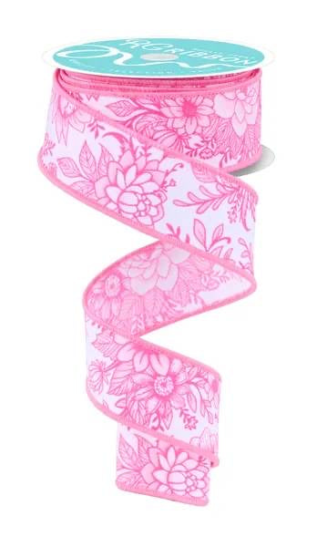 Wired Pink and White Flower Ribbon- 1.5”x10 Yards