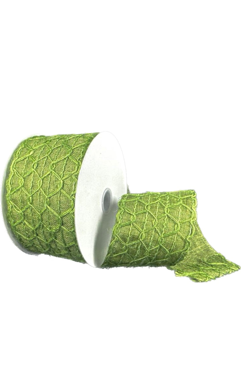 Wired Green Scallop Open Weave Moss Burlap Ribbon-2.5”x10 Yards