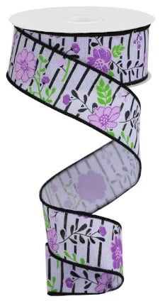 Wired Gray with Lavender Floral Ribbon- 1.5”x10 Yards