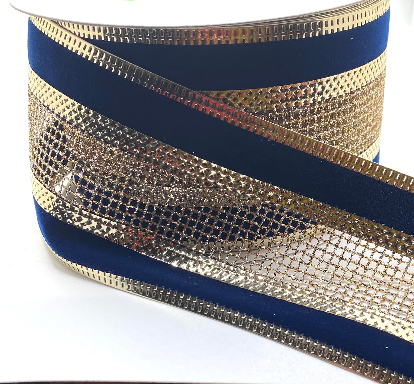 2.5” x 10yd Wired Gold Glitter Net with Gold Metallic Navy Velvet Edge Ribbon