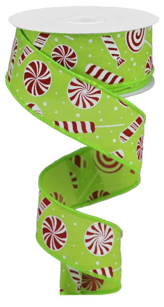 10 Yards - 1.5” Wired Lime Green Background Peppermint Candy Christmas Ribbon with Glitter Accent