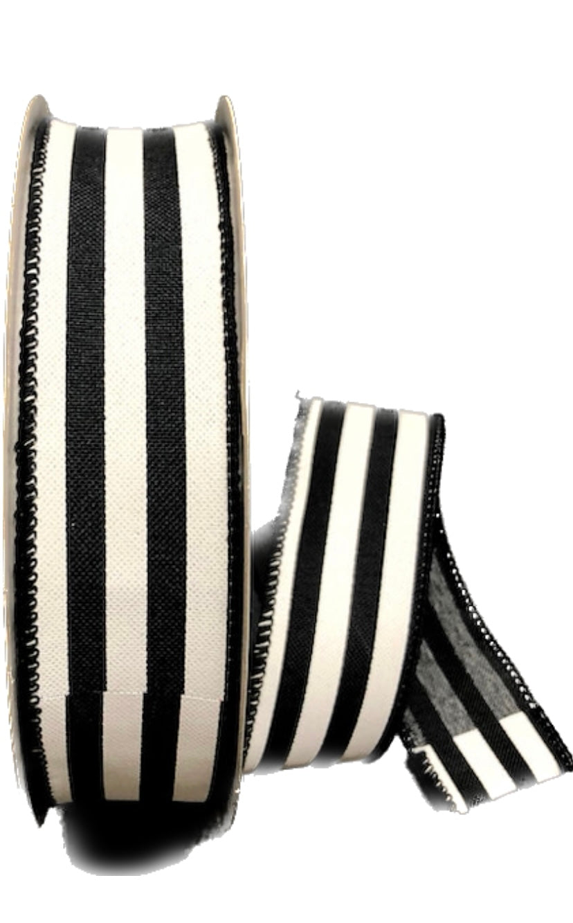 50 Yards - 1.5” Wired Black and White Stripe Ribbon