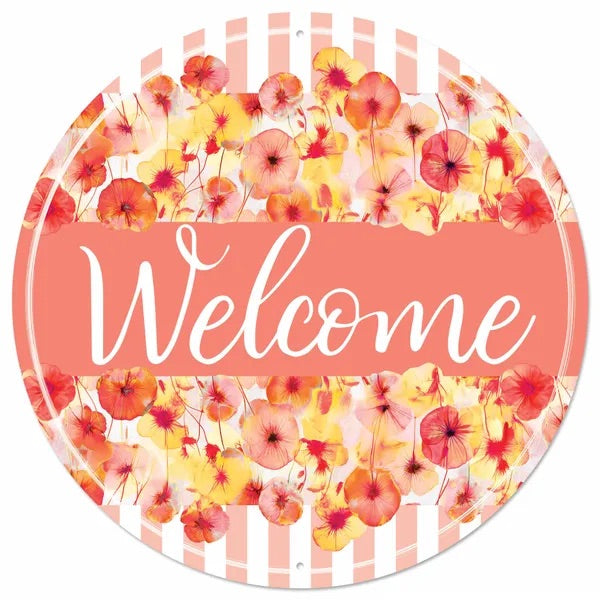 12” Round Metal Abstract Floral Welcome Wreath Sign