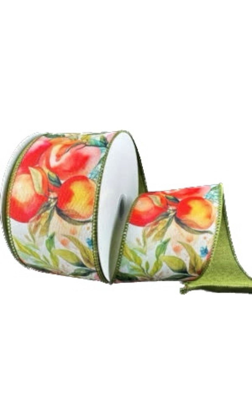 Wired Double Sided Watercolor Peaches- Moss Linen Back Ribbon- 2.5”x10 Yards