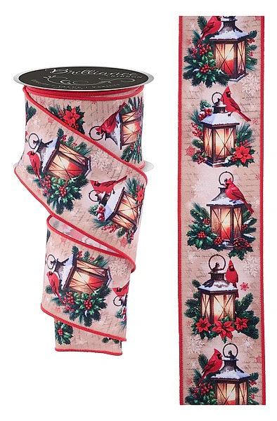 Wired Cardinals and Lanterns Ribbon- 2.5”x10 Yards