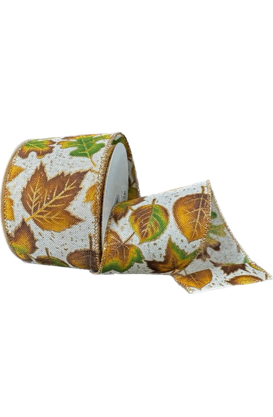 Wired Fall Leaves with Glitter Accent  on Poly Linen Ribbon- 2.5”x10 Yards