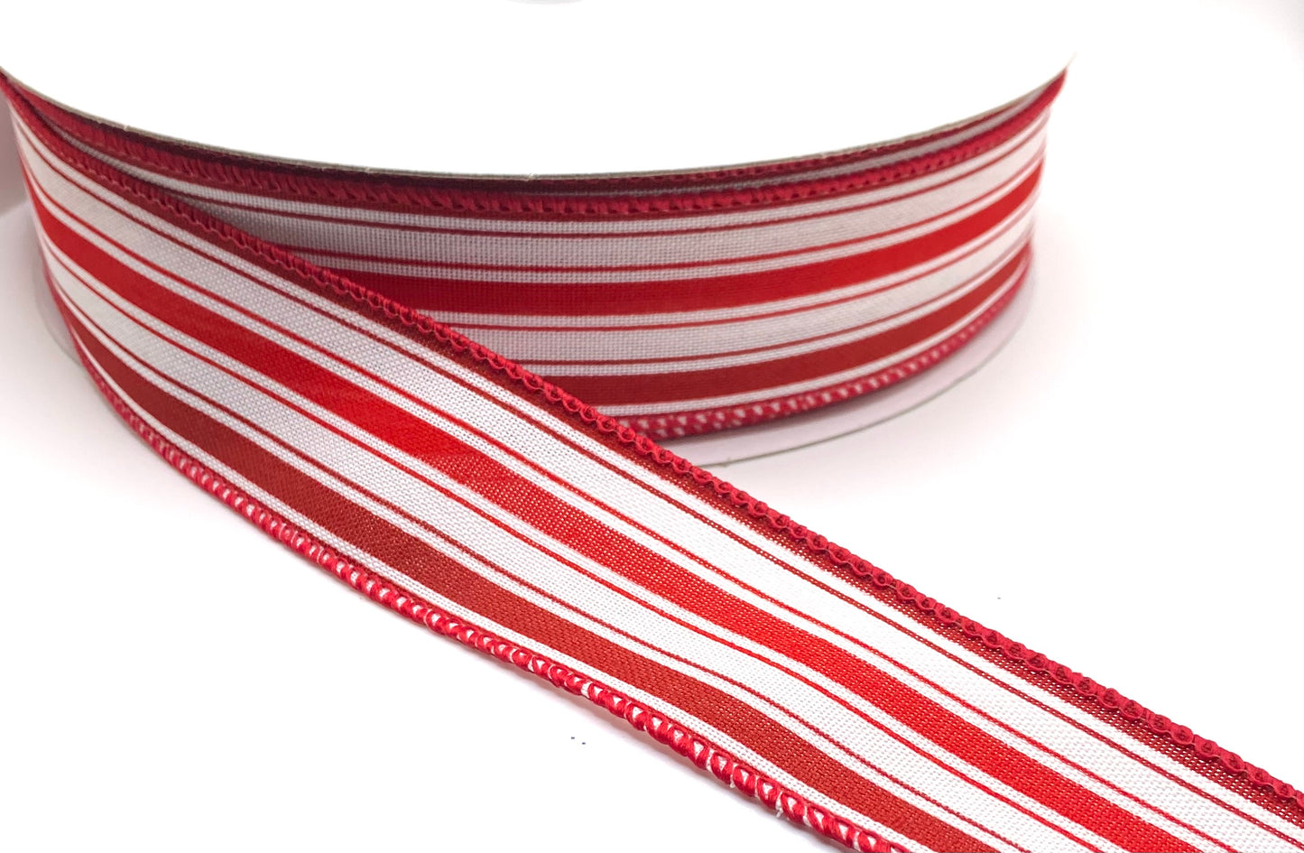 50 Yards - 1.5” Wired Red Burgundy White Stripe Ribbon