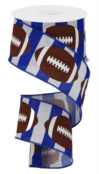 10 Yards - 2.5” Wired Blue and White Stripe Football Ribbon