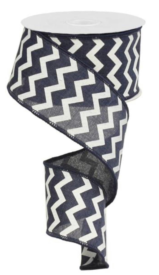 2.5”x 10 Yards Wired Navy Blue and White Chevron Ribbon