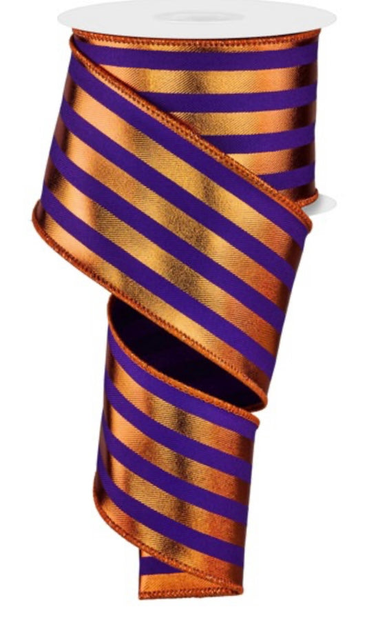 10 Yard - 2.5” Wired Orange and Purple Metallic Vertical Stripe Ribbon