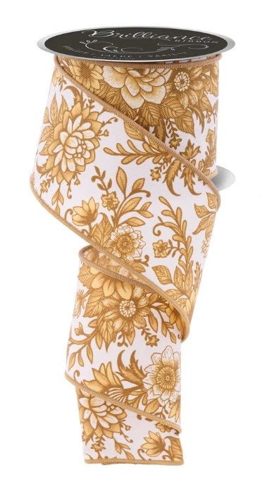 Wired Ivory and Tan Chinoiserie Spring Ribbon-2.5”x10 Yards