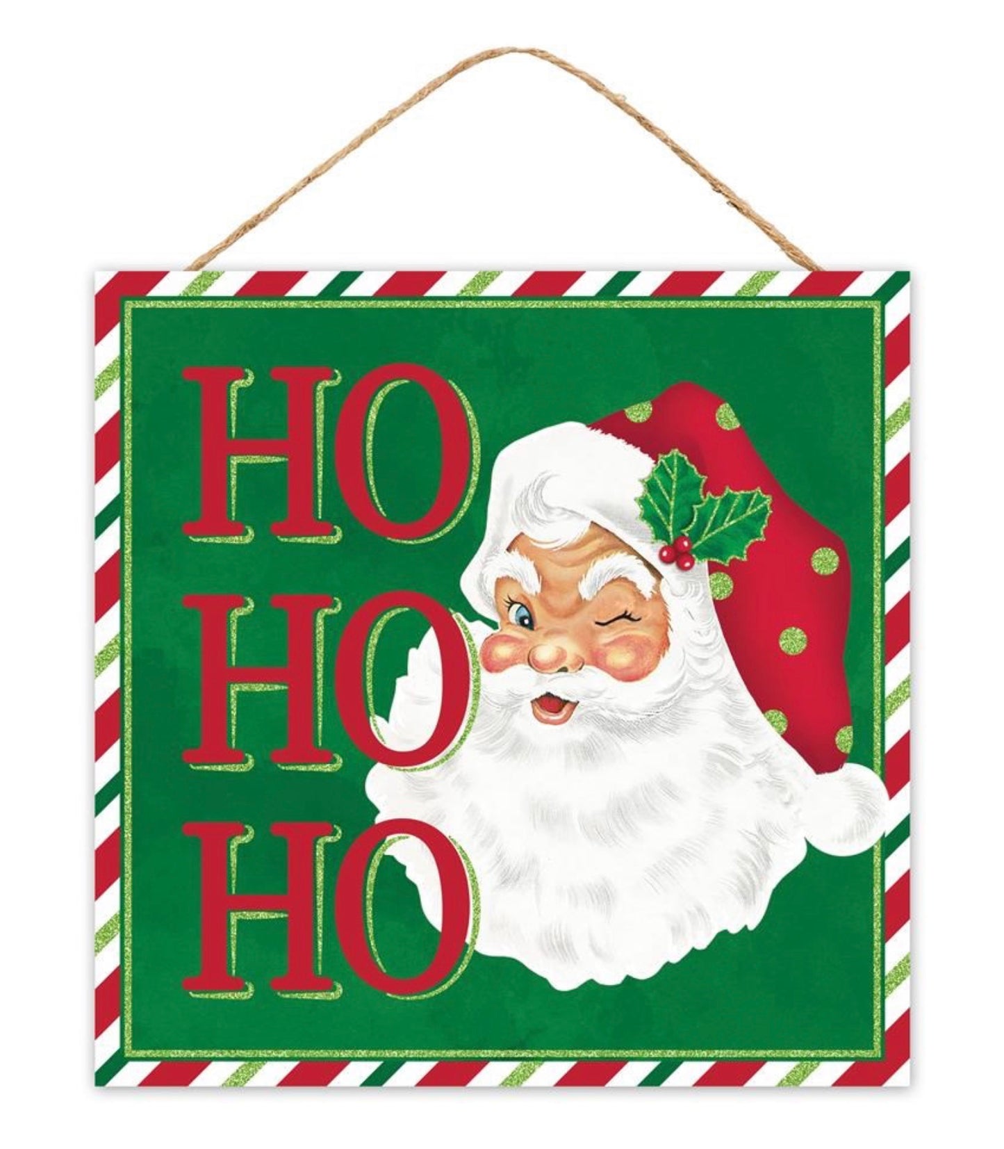 10” Square Ho Ho Ho Santa Christmas Wreath Sign with Glitter Accent