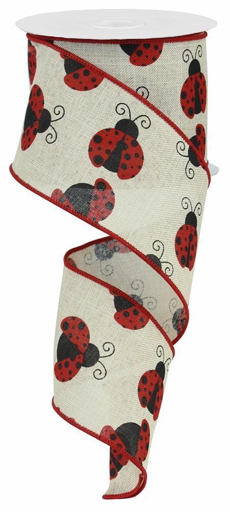 10 Yards - 2.5” Red Ladybug on Natural Background Ribbon