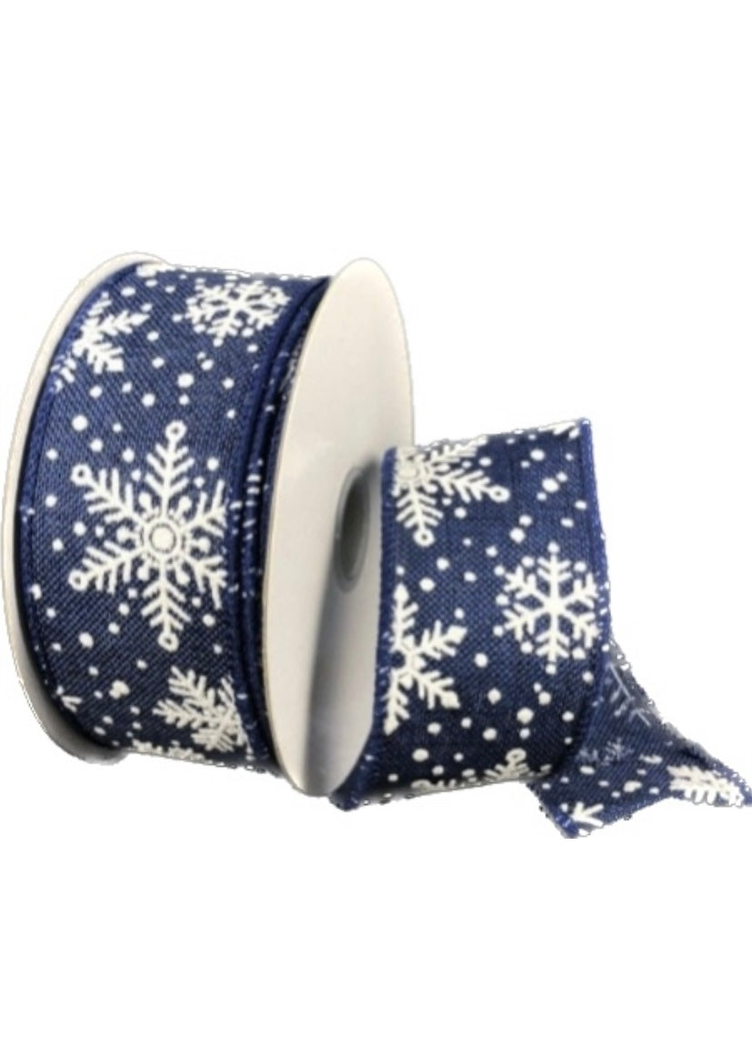 10 Yards - 1.5” Wired Navy and White Glitter Snowflake Ribbon