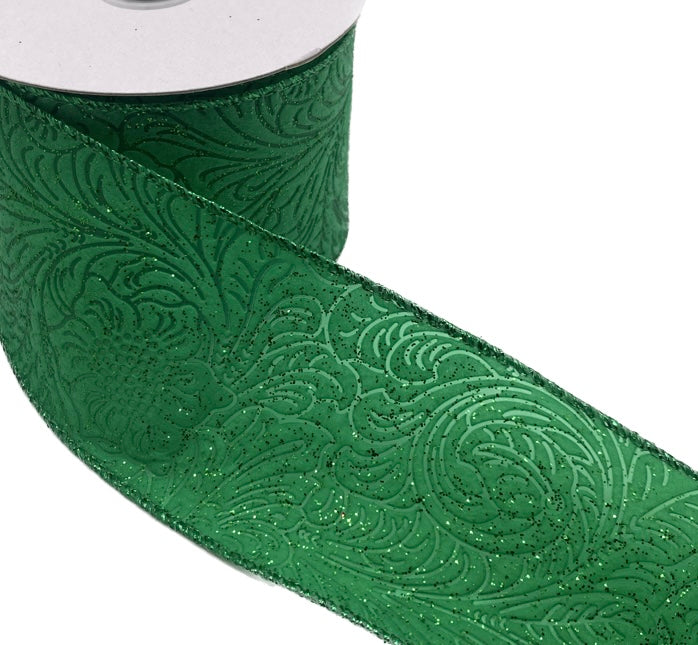 10 Yards - 2.5" Wired Emerald Green Glitter Floral Design Embossed Ribbon