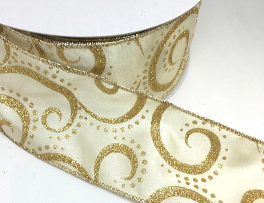 50 Yards-2.5” Champagne with Gold Swirls Christmas Ribbon