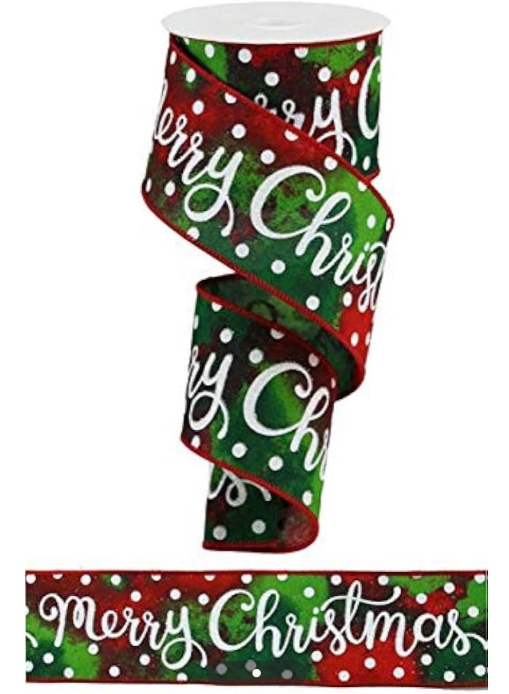 9.9 Yards - 2.5” Wired Merry Christmas Red and Green with White Polka Dot Ribbon