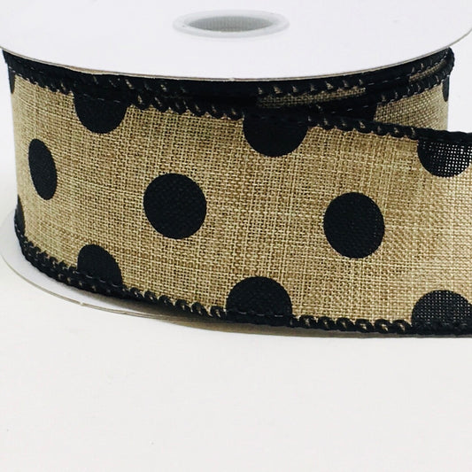 10 Yards - 1.5” Wired Black Dot On Natural Ribbon