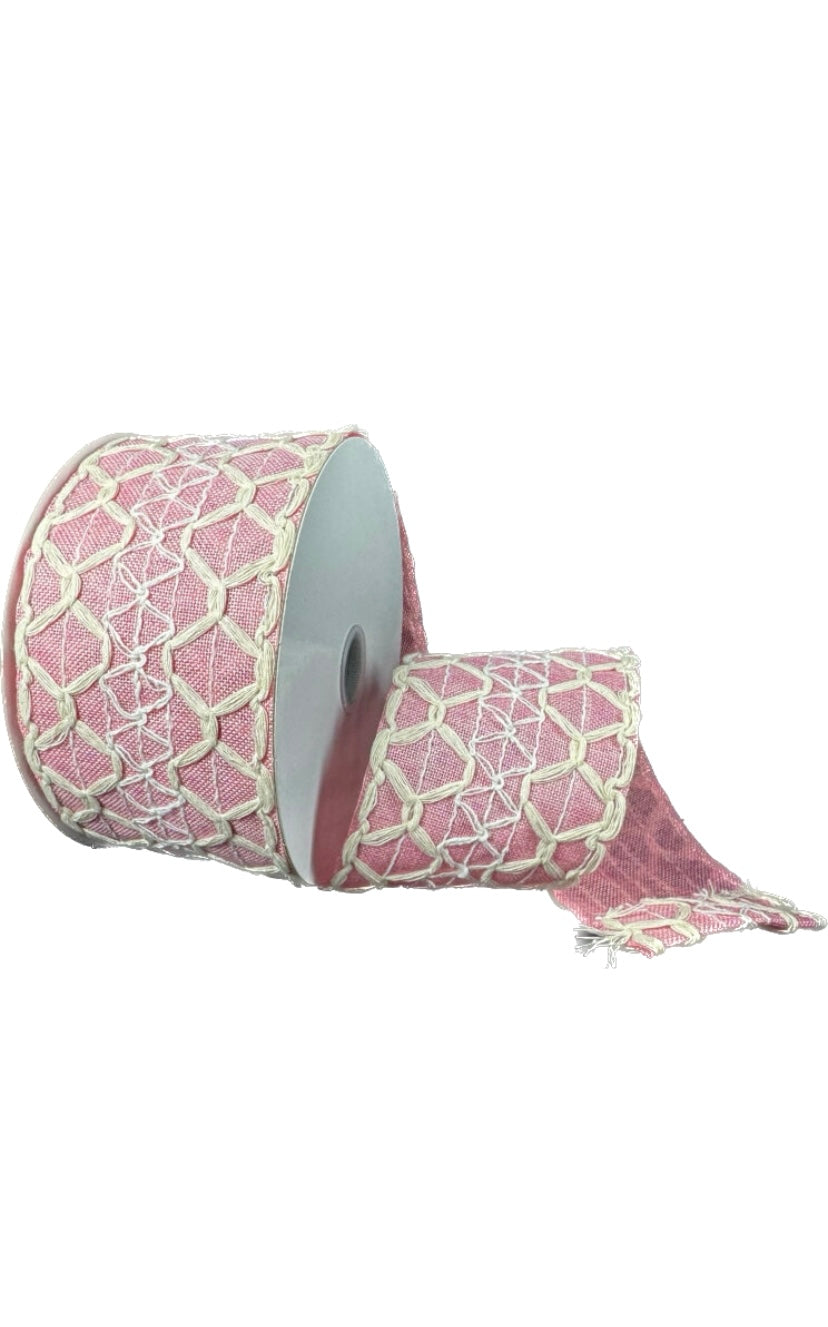 Wired Ivory Scalloped Burlap Pink Linen Ribbon-2.5”x10 Yards