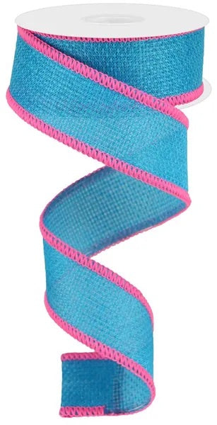 Wired Turquoise Cross Royal Burlap Pink Edge Ribbon-1.5 x10 Yards