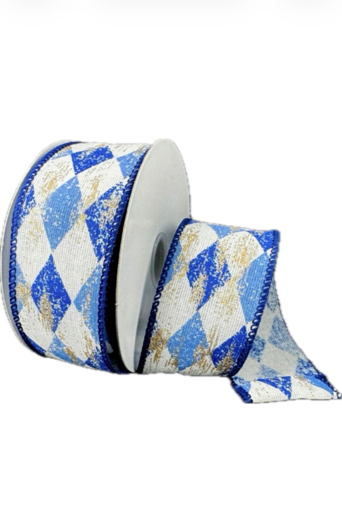 Wired White, Blue, and Gold  Harlequin Ribbon - Christmas Ribbon- 1.5”x10 Yards