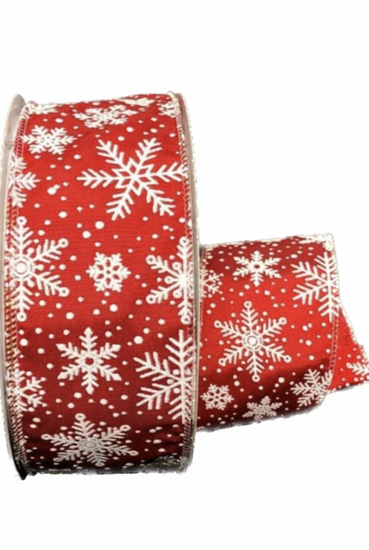 50 Yards - 2.5” Red Background with White Glitter Snowflakes Ribbon