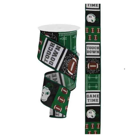 10 Yards - 2.5” Wired Green, Black, and White Football Ribbon