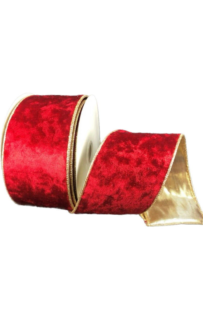Wired Red Metallic Velvet Gold Trim- Christmas Ribbon- 2.5”x10 Yards